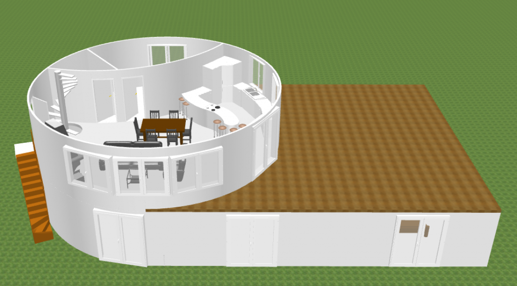 Old design: Ground level + yurt on second level with large outdoor deck.