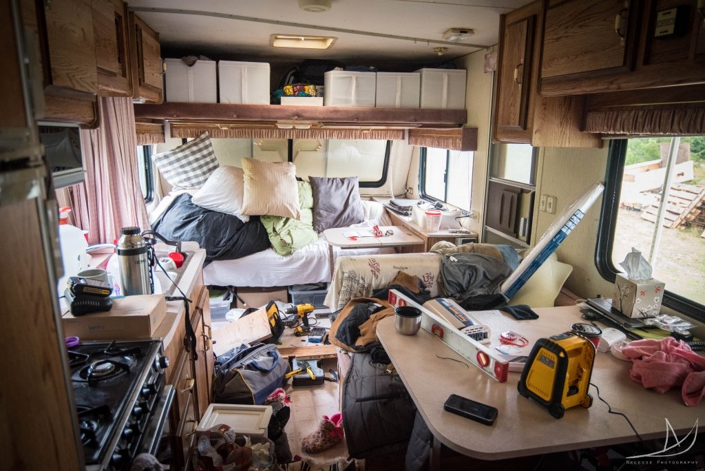 Travel trailer in complete disarray.