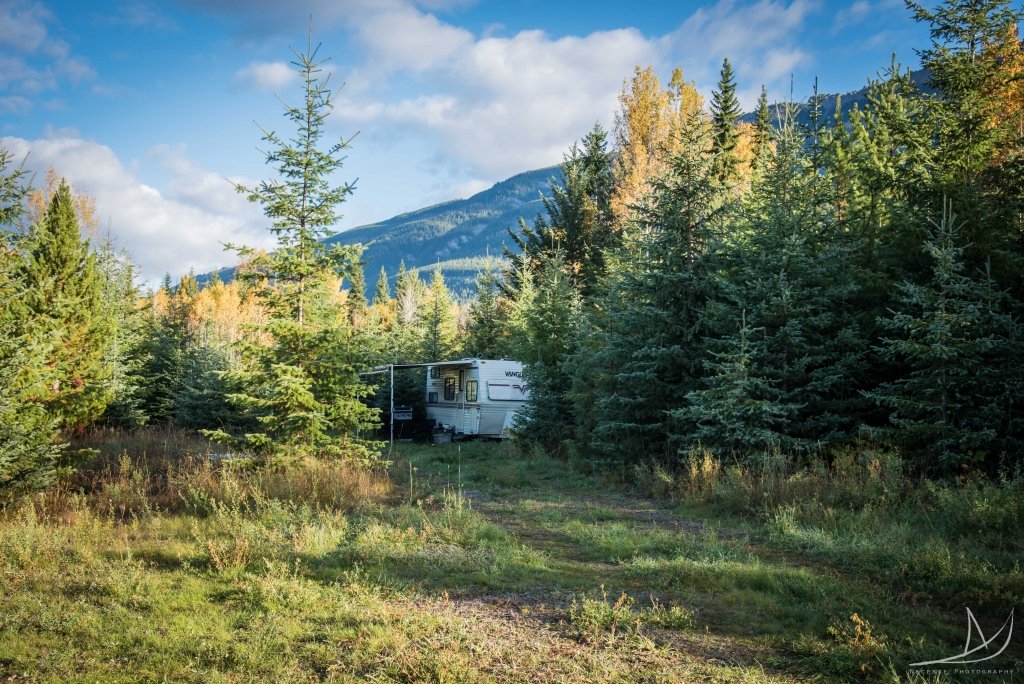 Our travel trailer on the property in Golden, BC.