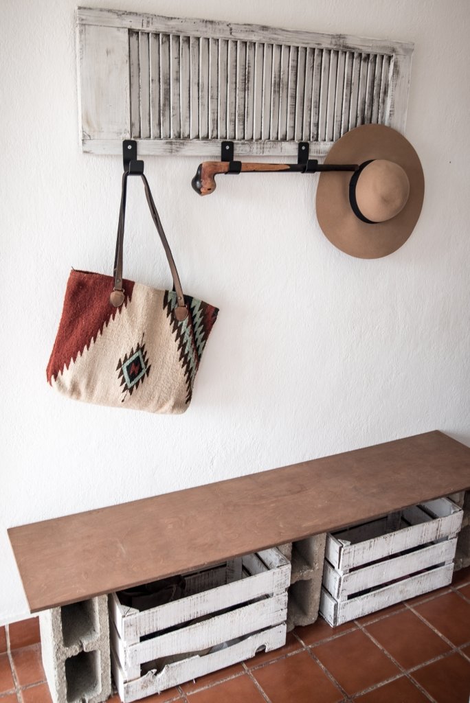 Hall hangers, and wooden crate shoe storage